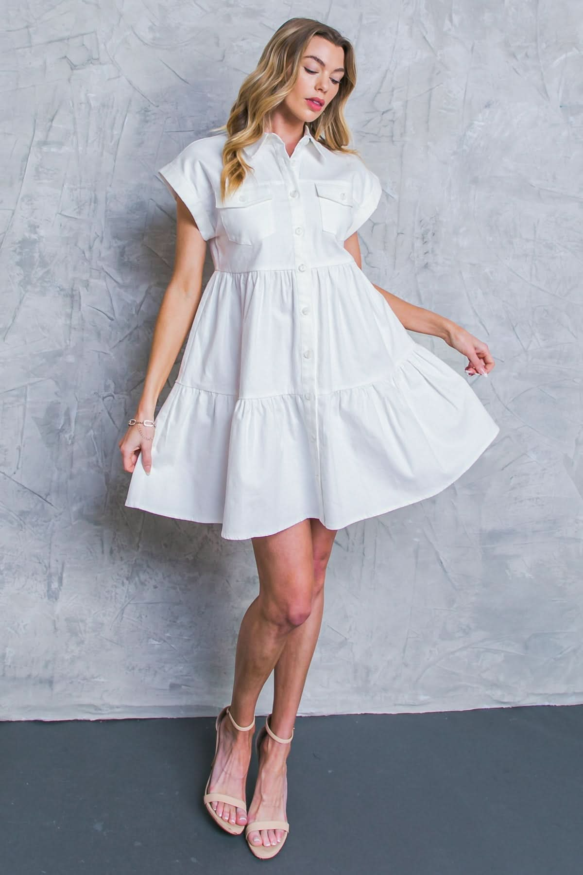 Acid-Washed Twill Tiered Mini Dress