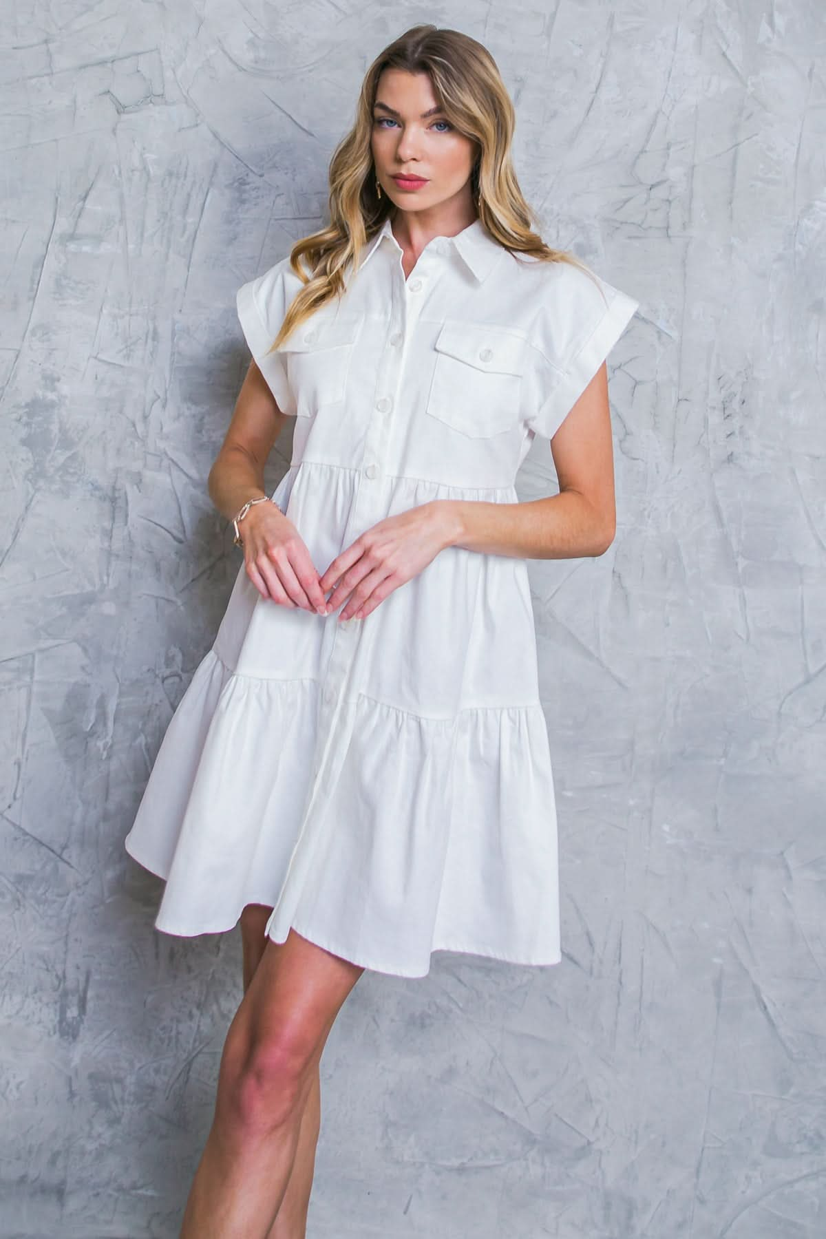 Acid-Washed Twill Tiered Mini Dress