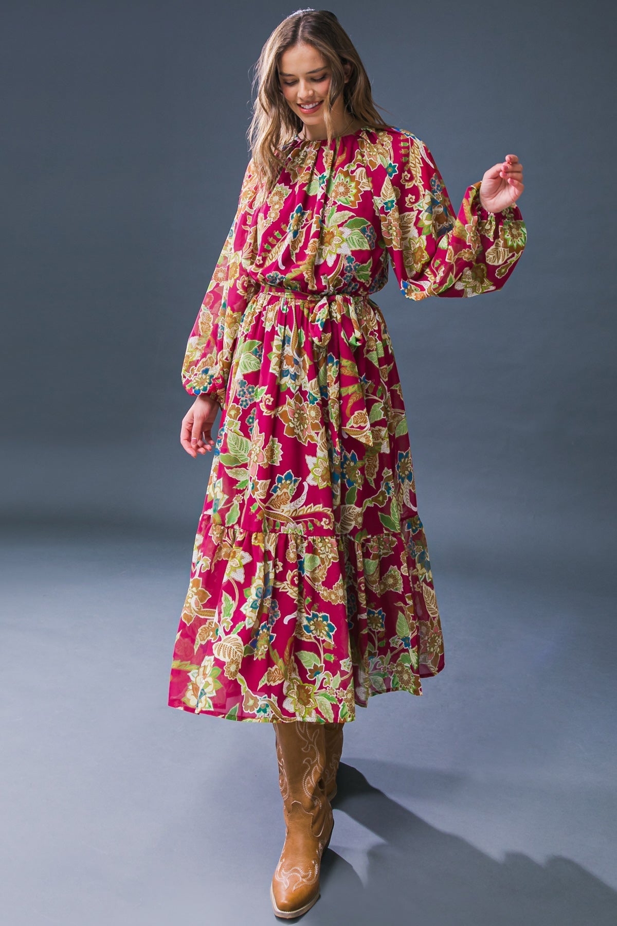FLORALLY CHIC WOVEN MIDI DRESS Flying Tomato