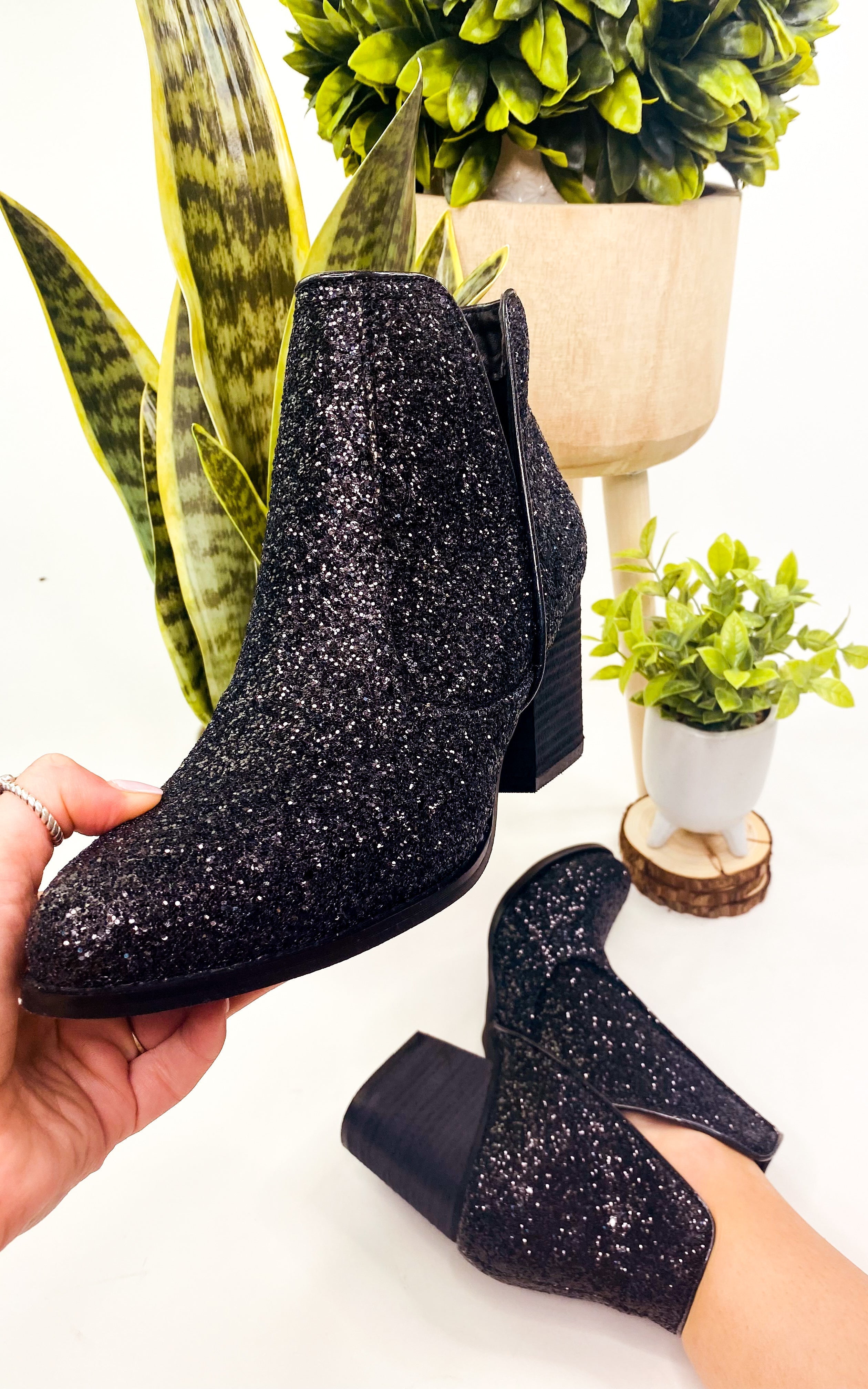 Fiera Glitter Booties Black Sequin Shine 3 Inch Heel Naughty Monkey