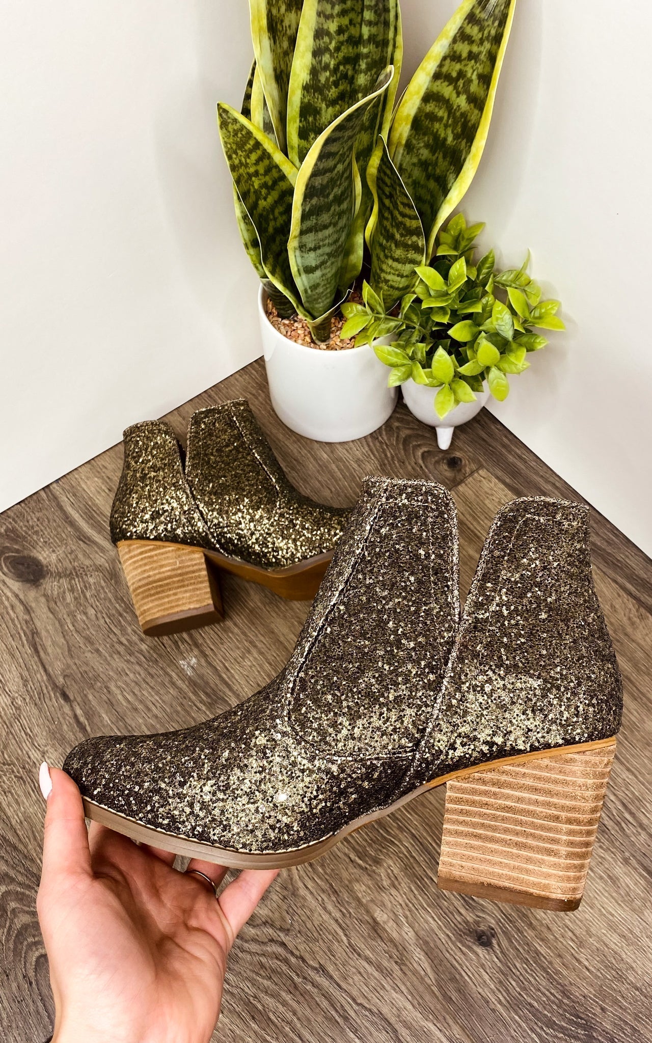 Fiera Glitter Booties Bronze 3 Inch Heel Rubber Sole Naughty Monkey