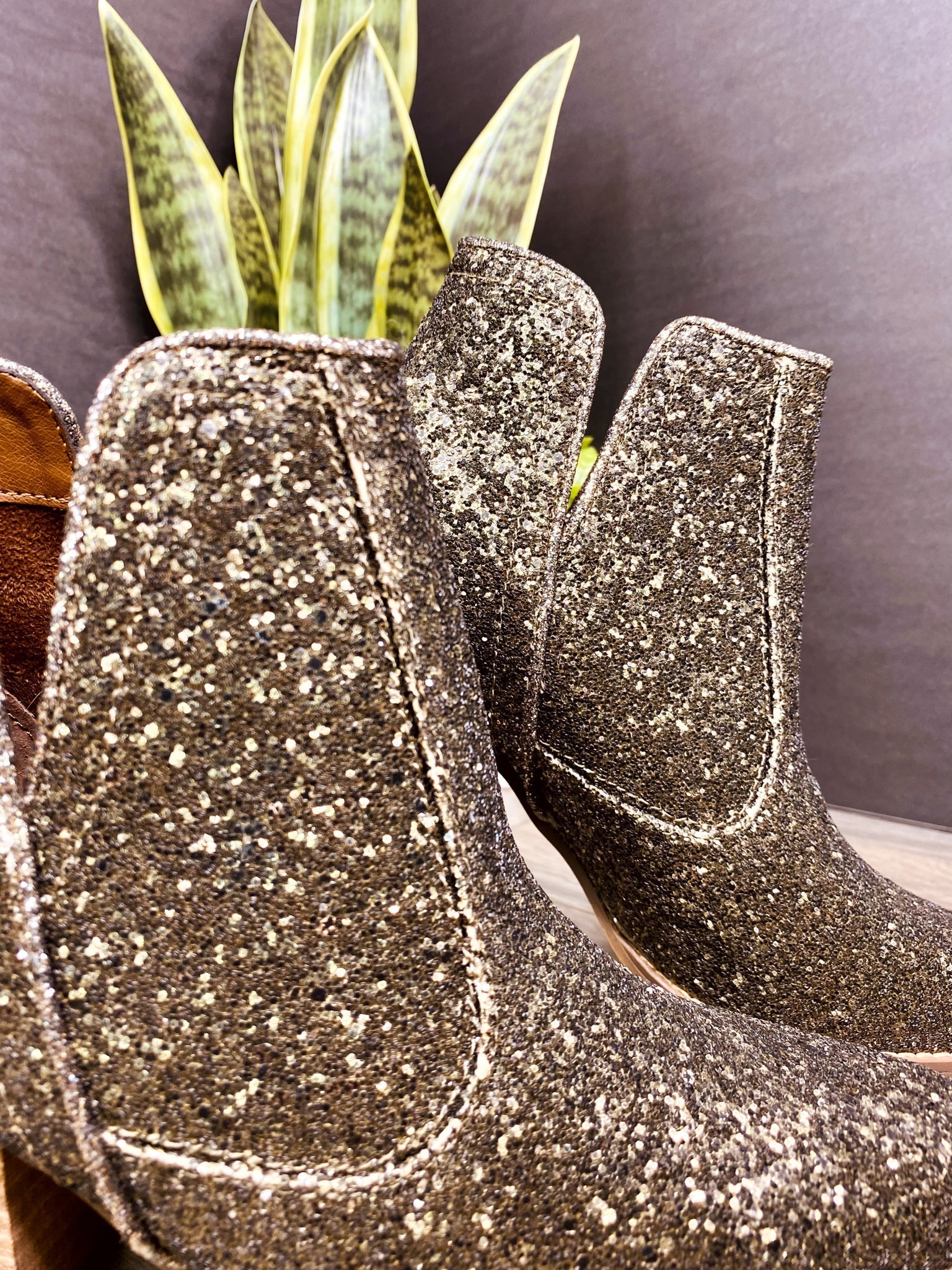 Fiera Glitter Booties Bronze 3 Inch Heel Rubber Sole Naughty Monkey