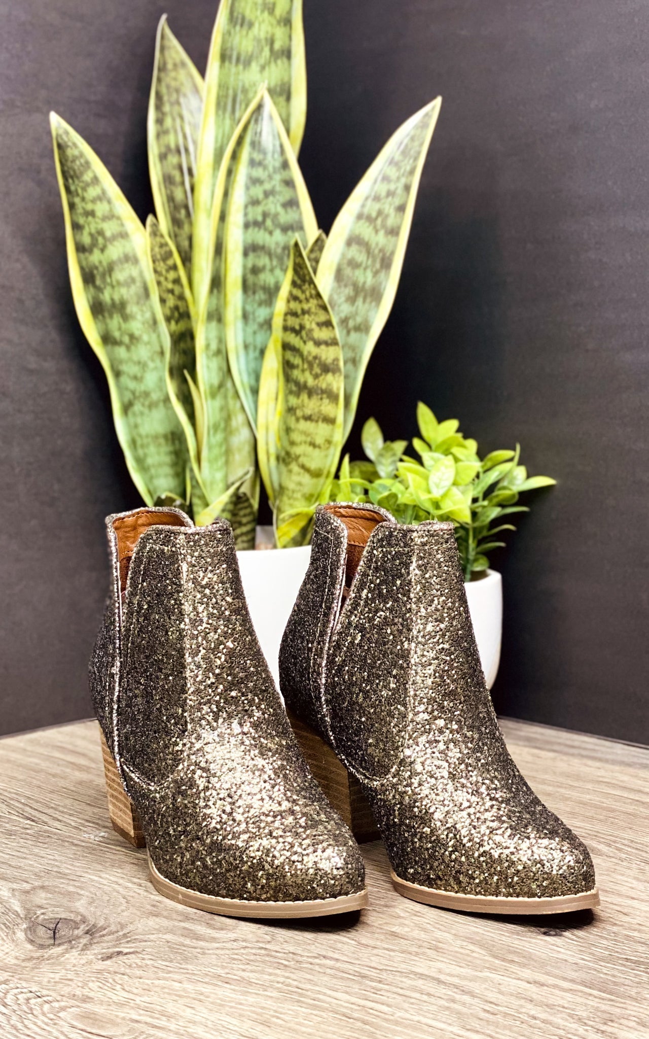 Fiera Glitter Booties Bronze 3 Inch Heel Rubber Sole Naughty Monkey