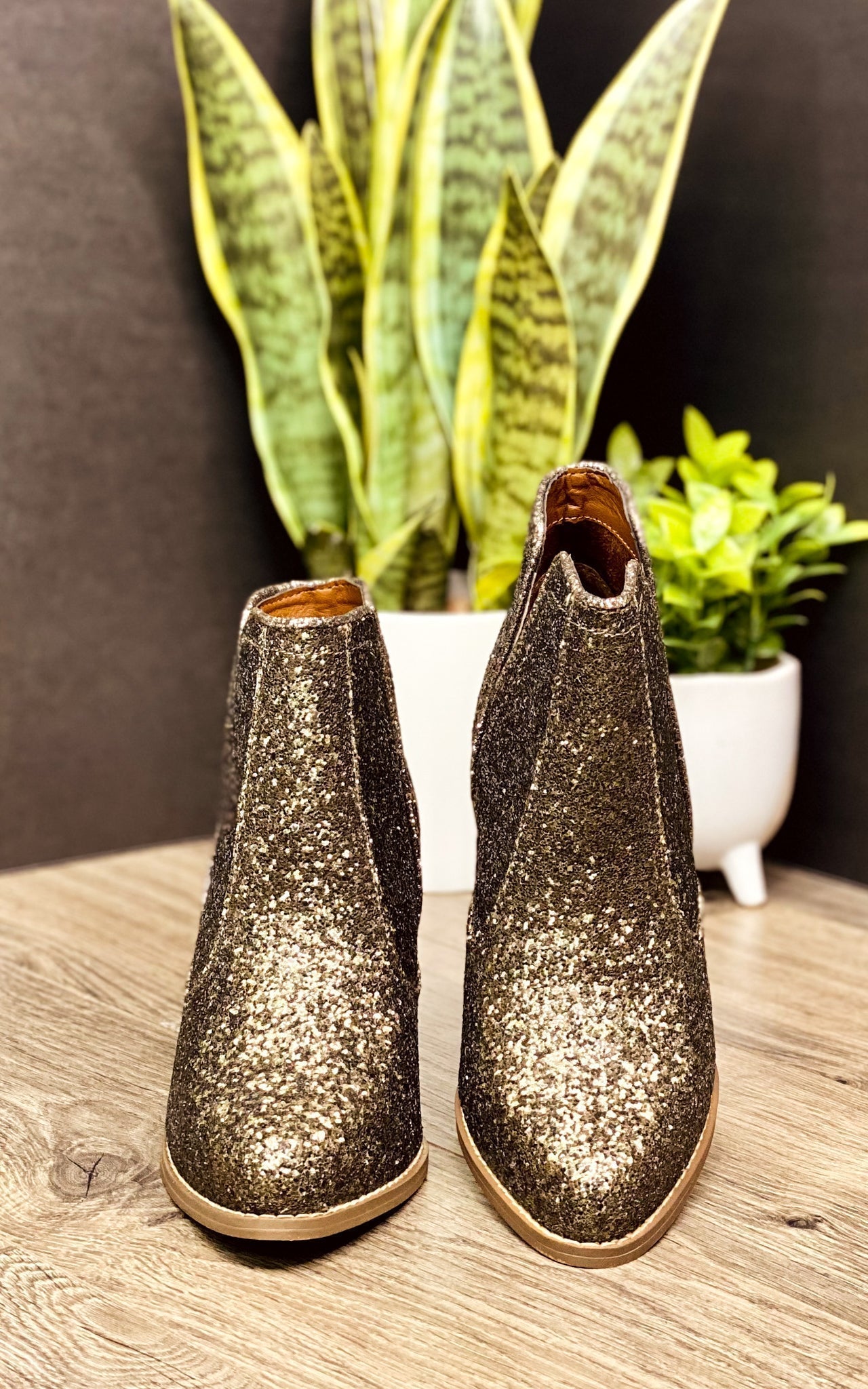 Fiera Glitter Booties Bronze 3 Inch Heel Rubber Sole Naughty Monkey