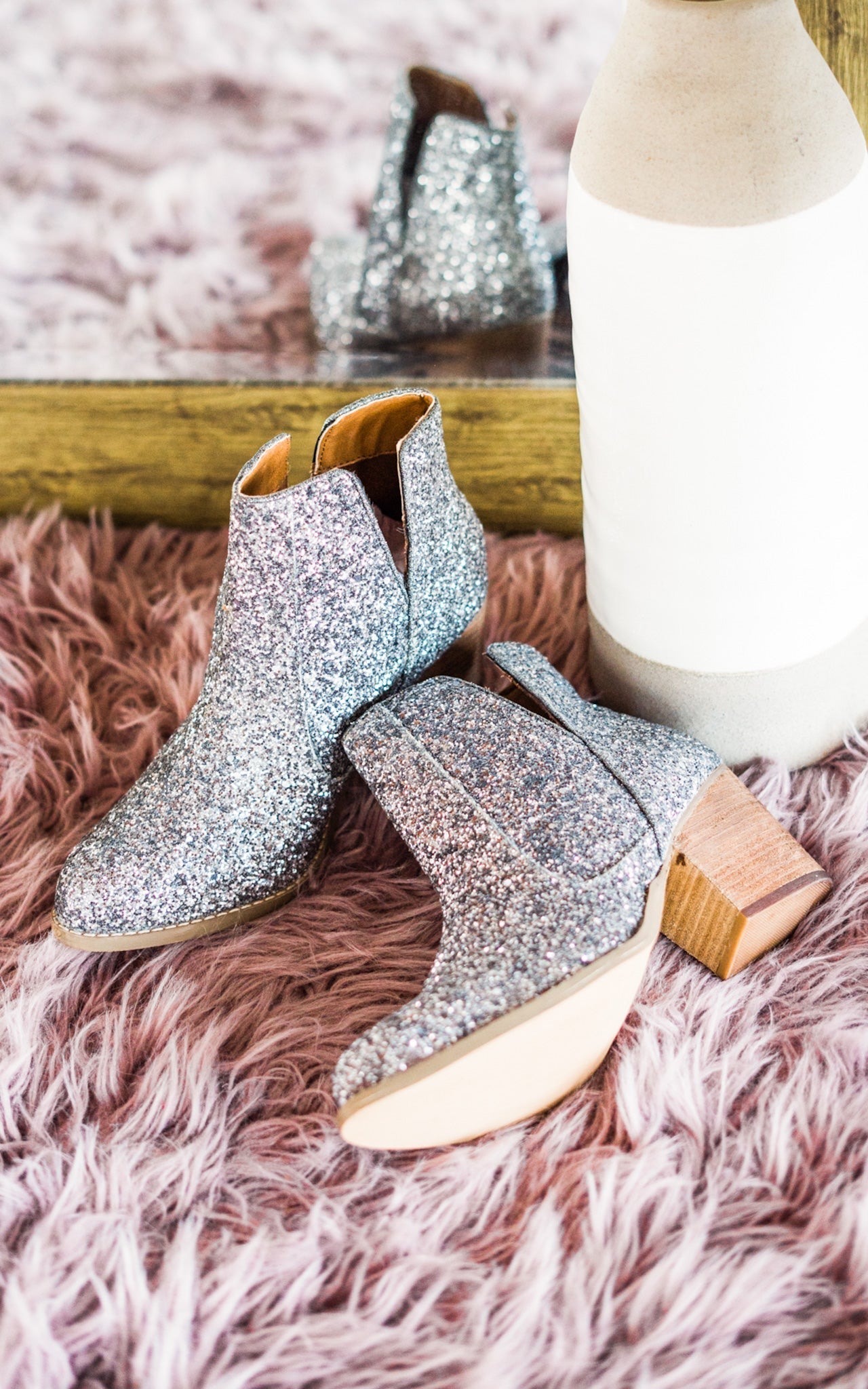 Fiera Glitter Booties Pewter Sparkle Ankle Boots With 3 Inch Naughty Monkey