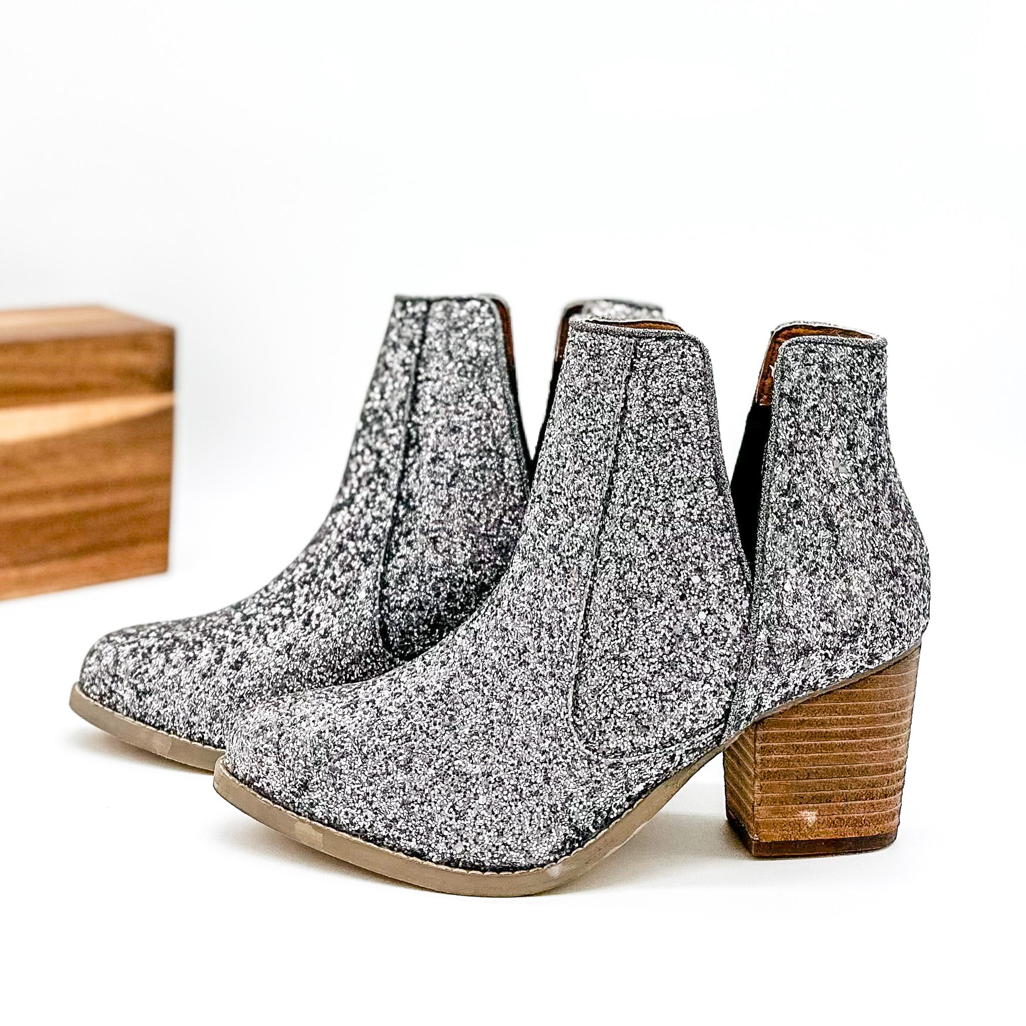 Fiera Glitter Booties Pewter Sparkle Ankle Boots With 3 Inch Naughty Monkey