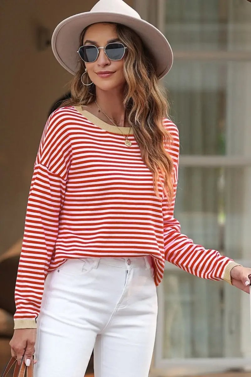 Fiery Red Contrast Trimmed Striped Drop Shoulder Sweater - Love Salve 