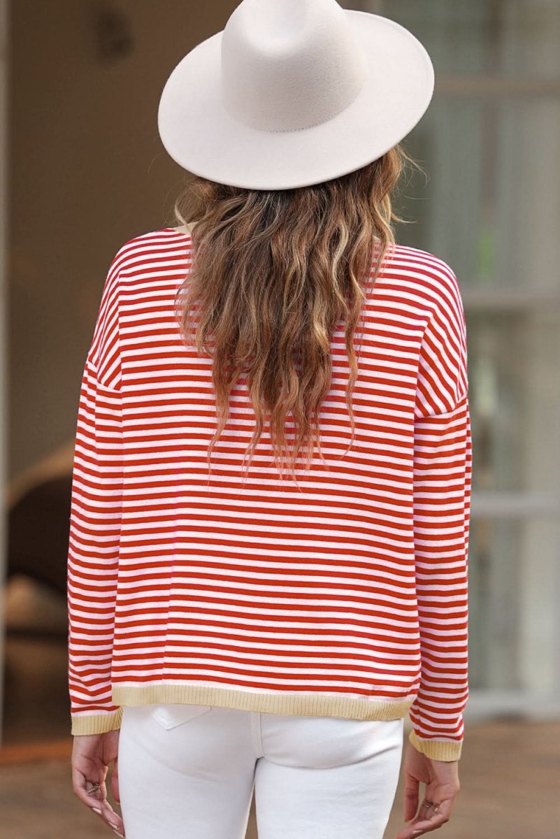 Fiery Red Contrast Trimmed Striped Drop Shoulder Sweater - Love Salve