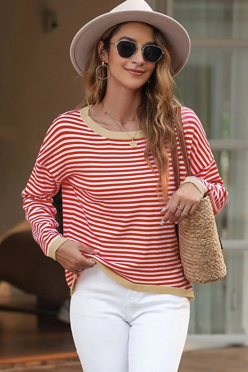 Fiery Red Contrast Trimmed Striped Drop Shoulder Sweater - Love Salve 