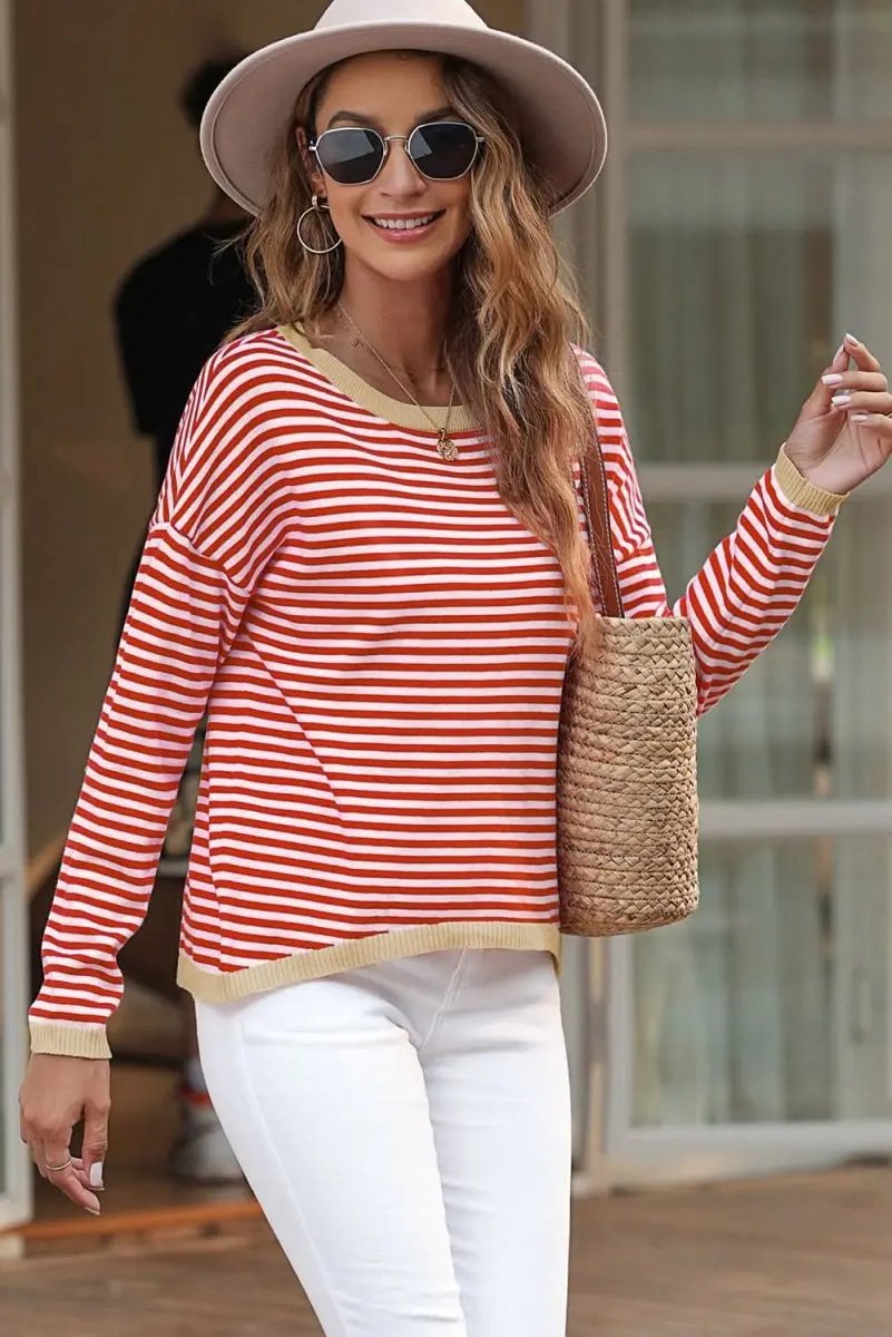 Fiery Red Contrast Trimmed Striped Drop Shoulder Sweater - Love Salve 