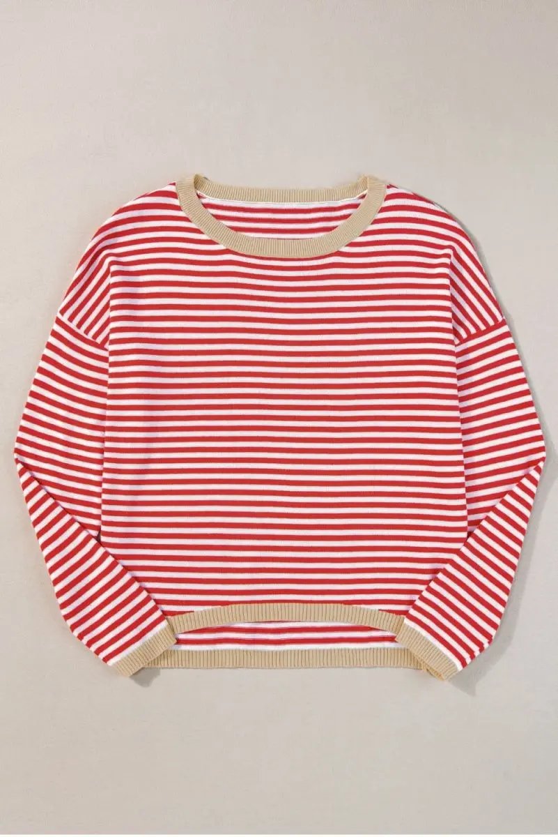 Fiery Red Contrast Trimmed Striped Drop Shoulder Sweater - Love Salve 