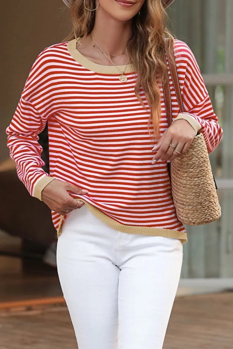 Fiery Red Contrast Trimmed Striped Drop Shoulder Sweater - Love Salve 