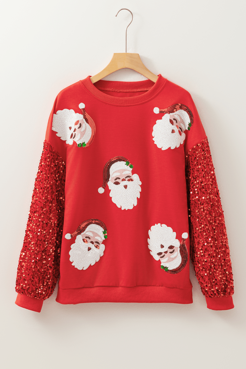 Fiery Red Sequined Santa Claus Long Sleeve Christmas Sweatshirt - Love Salve