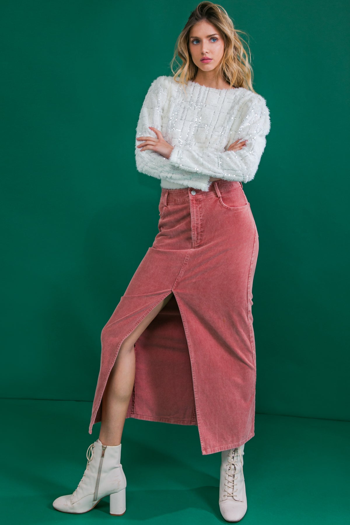 PERFECT PICK CORDUROY MIDI SKIRT