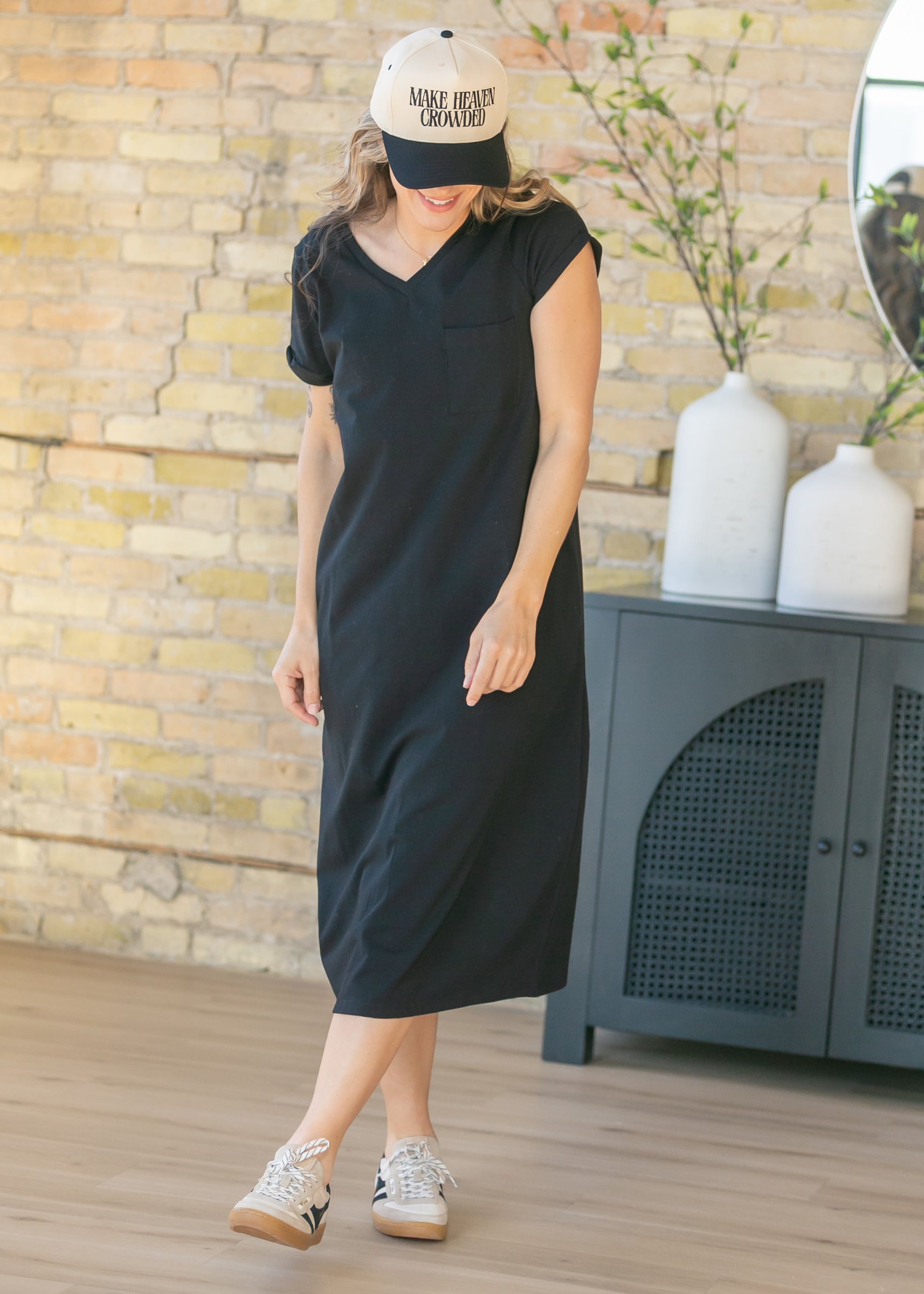 Full view of the Inherit Co. Finley V-neck T-shirt Dress in soft navy blue, a comfortable casual everyday spring dress.
