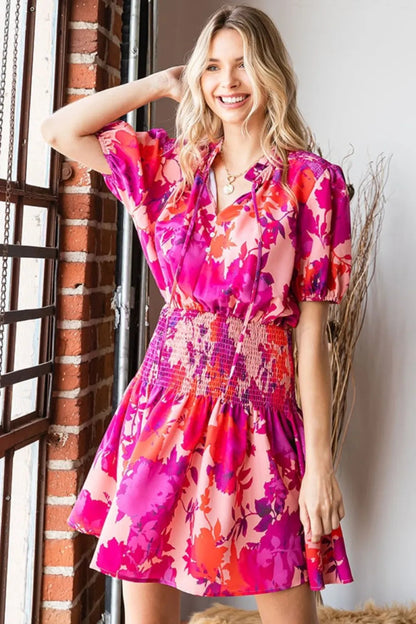 First Love Floral Short Sleeve Smocked Mini Dress for Women - Love Salve 