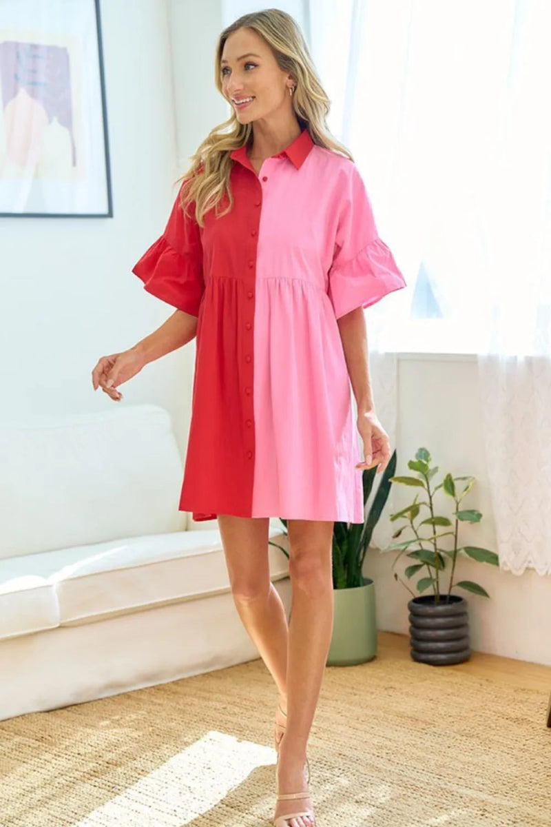 First Love Full Size Color Blocked Button Down Babydoll Dress - Love Salve