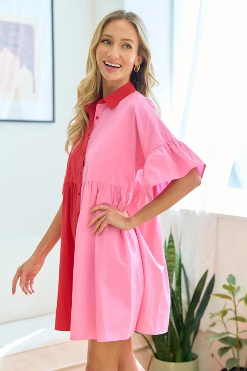 First Love Full Size Color Blocked Button Down Babydoll Dress - Love Salve