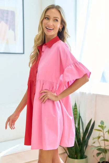 First Love Full Size Color Blocked Button Down Babydoll Dress - Love Salve