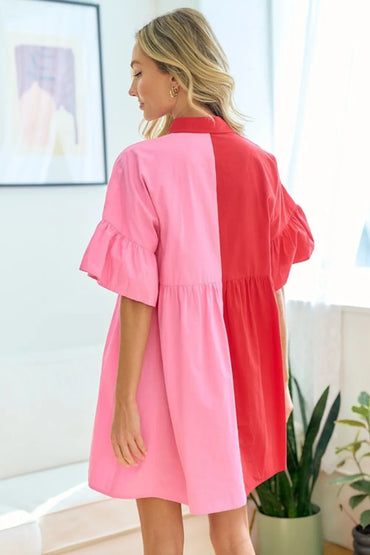 First Love Full Size Color Blocked Button Down Babydoll Dress - Love Salve