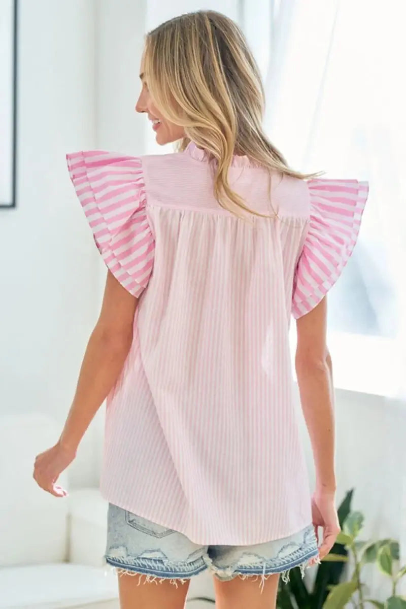 First Love Full Size Striped Flutter Sleeve Blouse for Women - Love Salve 