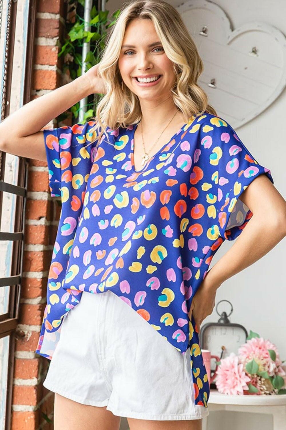 First Love Printed V-Neck Short Sleeve Blouse - Love Salve