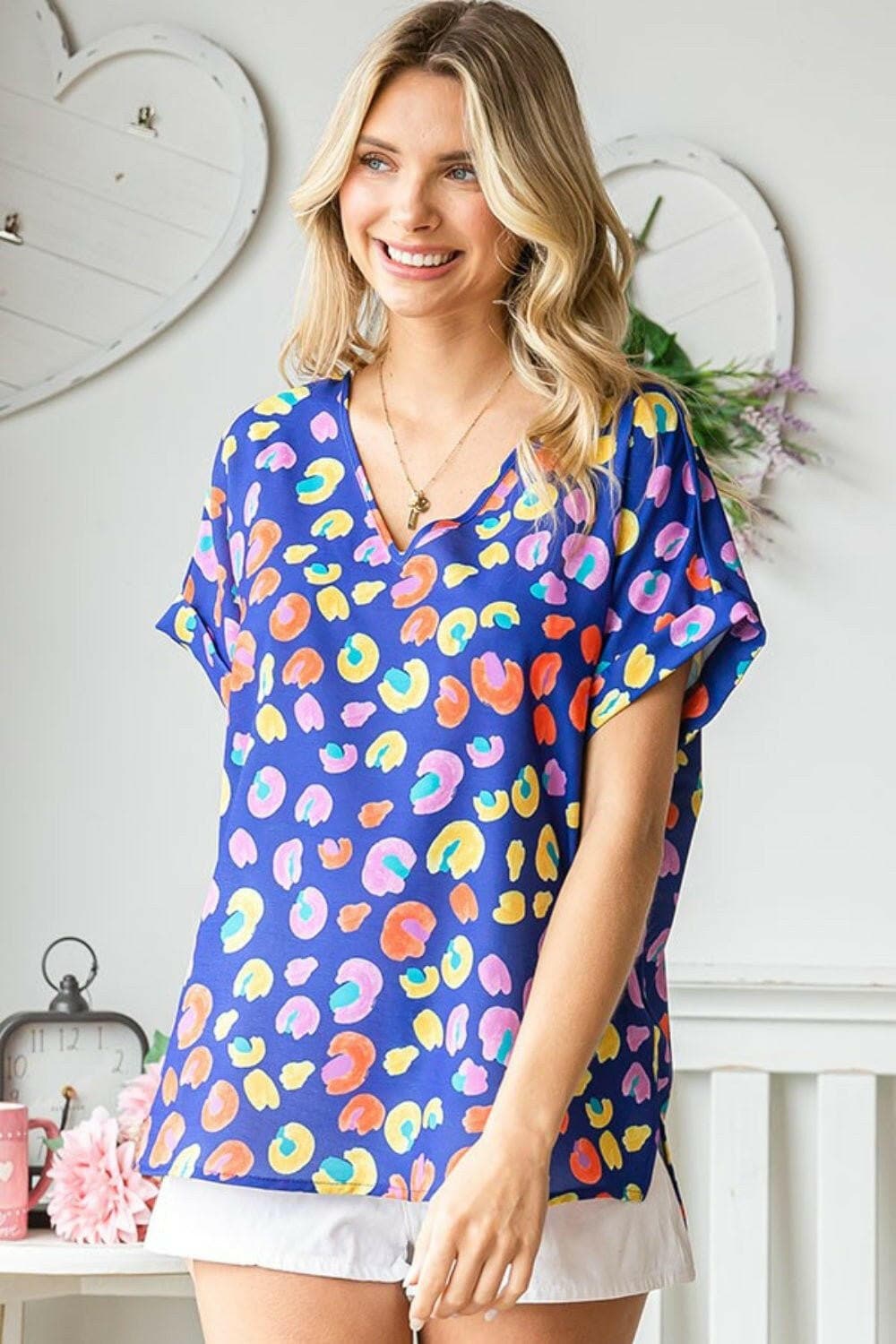 First Love Printed V-Neck Short Sleeve Blouse - Love Salve