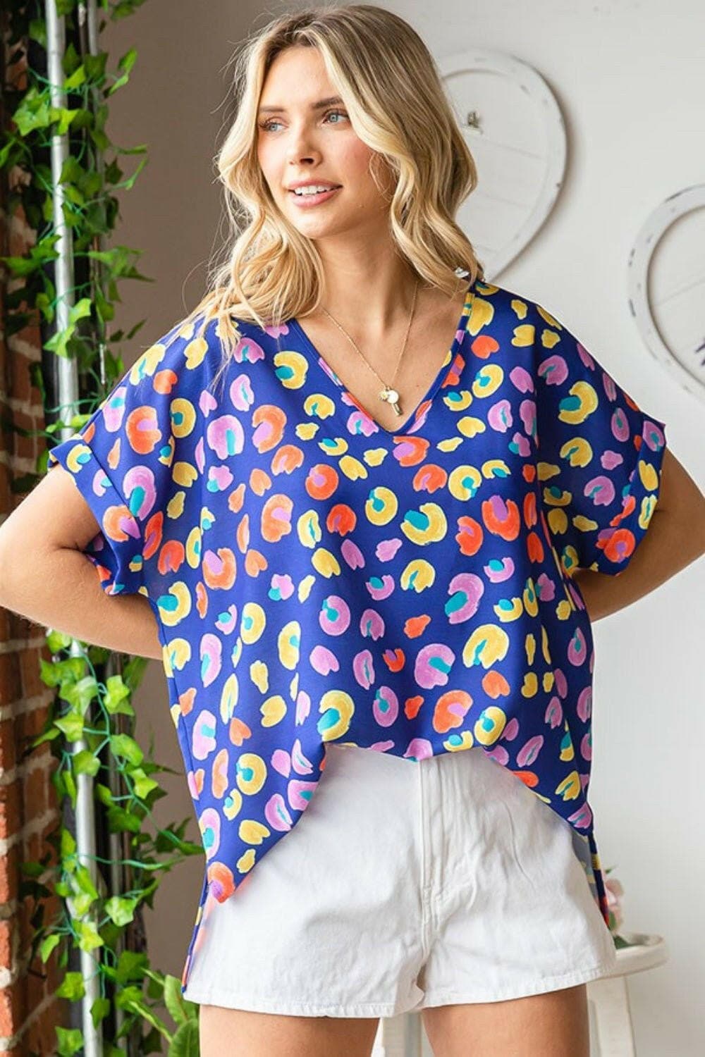 First Love Printed V-Neck Short Sleeve Blouse - Love Salve