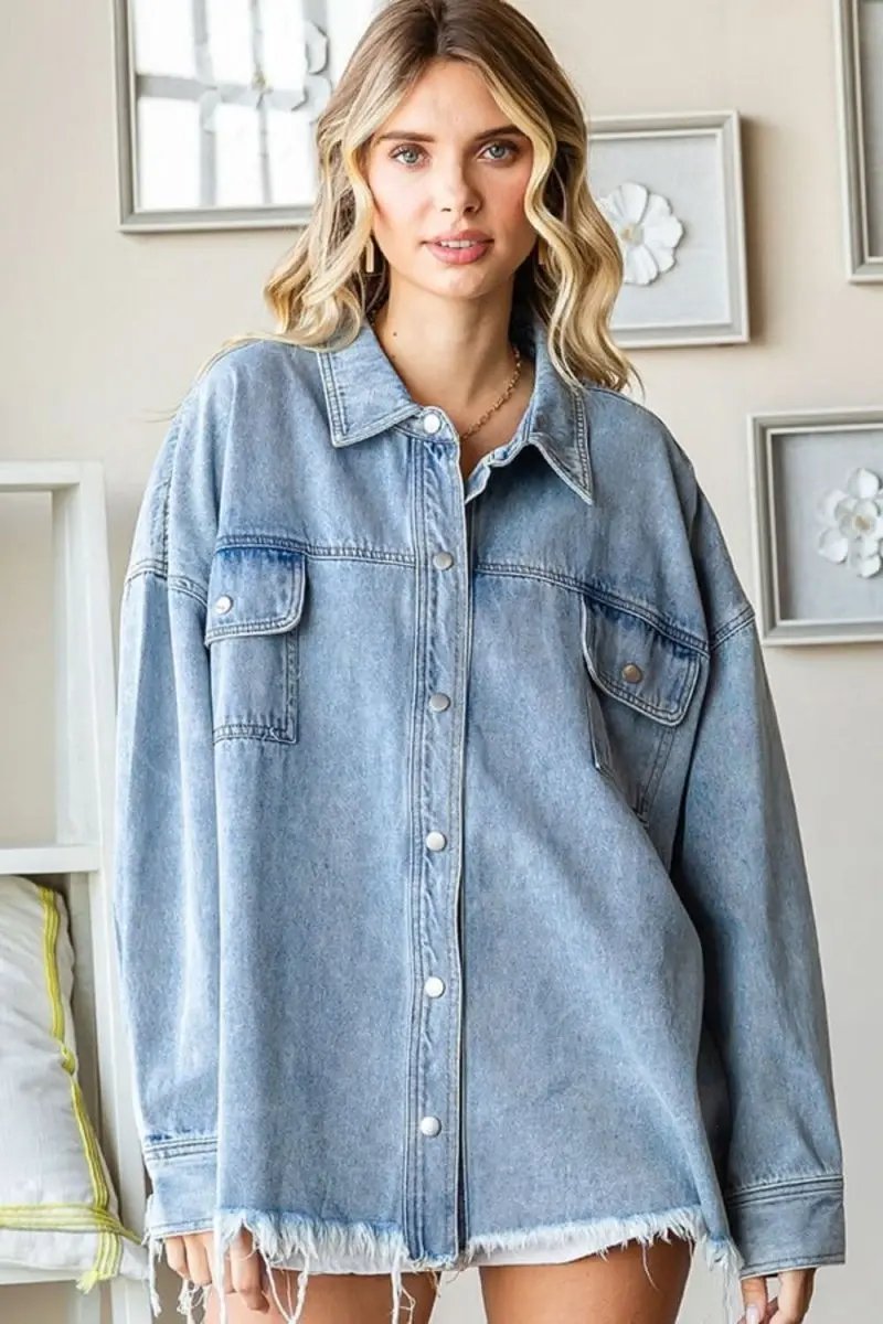 First Love Smile Face Button Down Raw Hem Denim Jacket - Love Salve 