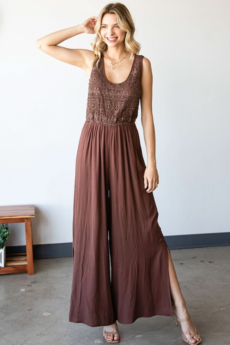 First Love Tie Back Sleeveless Slit Wide Leg Jumpsuit - Love Salve 