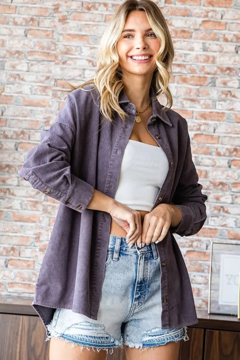 First Love Washed Corduroy Button Down Long Sleeve Shirt - Love Salve 