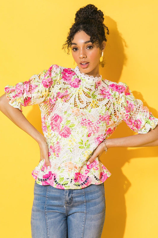 Flying Tomato BLISS ME FLORAL WOVEN LACE TOP, showcasing its elegant design, delicate floral pattern, and quality woven fabri