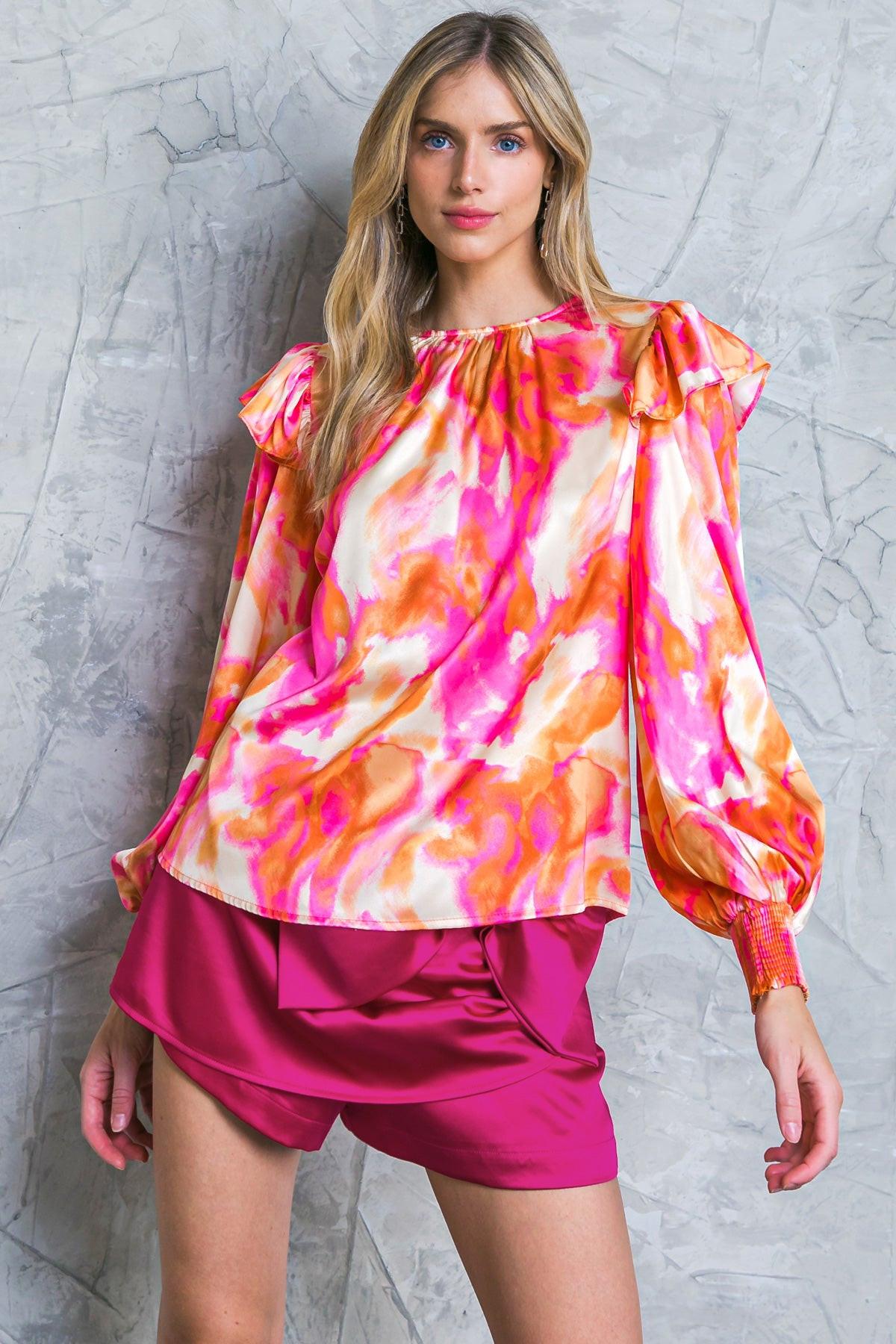 Close-up of the Flying Tomato FEELING SPICE WOVEN TOP, highlighting the rich texture and vibrant, warm-toned pattern.