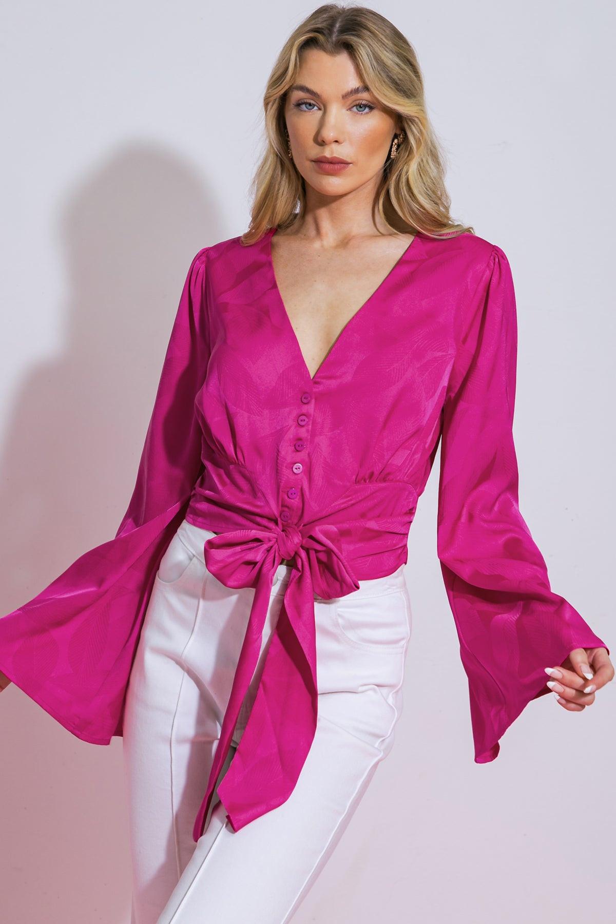 Model wearing Flying Tomato THE RIGHT ADDITION WOVEN TOP, highlighting its flattering silhouette and versatile style.