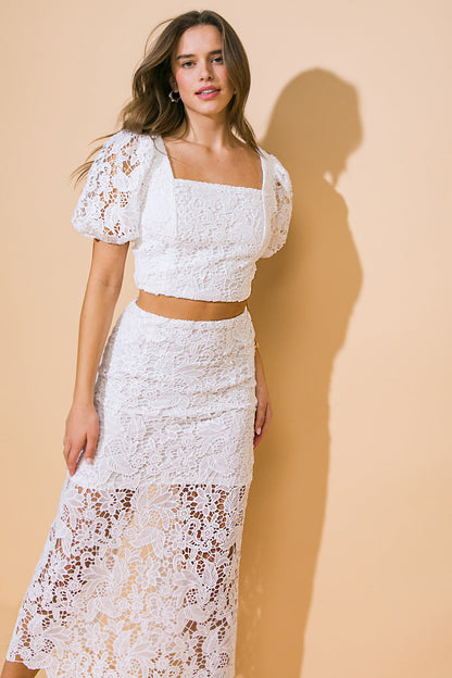 UNFORGETTABLE ICON WOVEN LACE TOP AND SKIRT SET