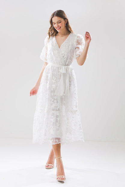 SWEET AS SUGAR MIDI DRESS with textured fabric and surplice neckline, featuring puff sleeves and tiered skirt.