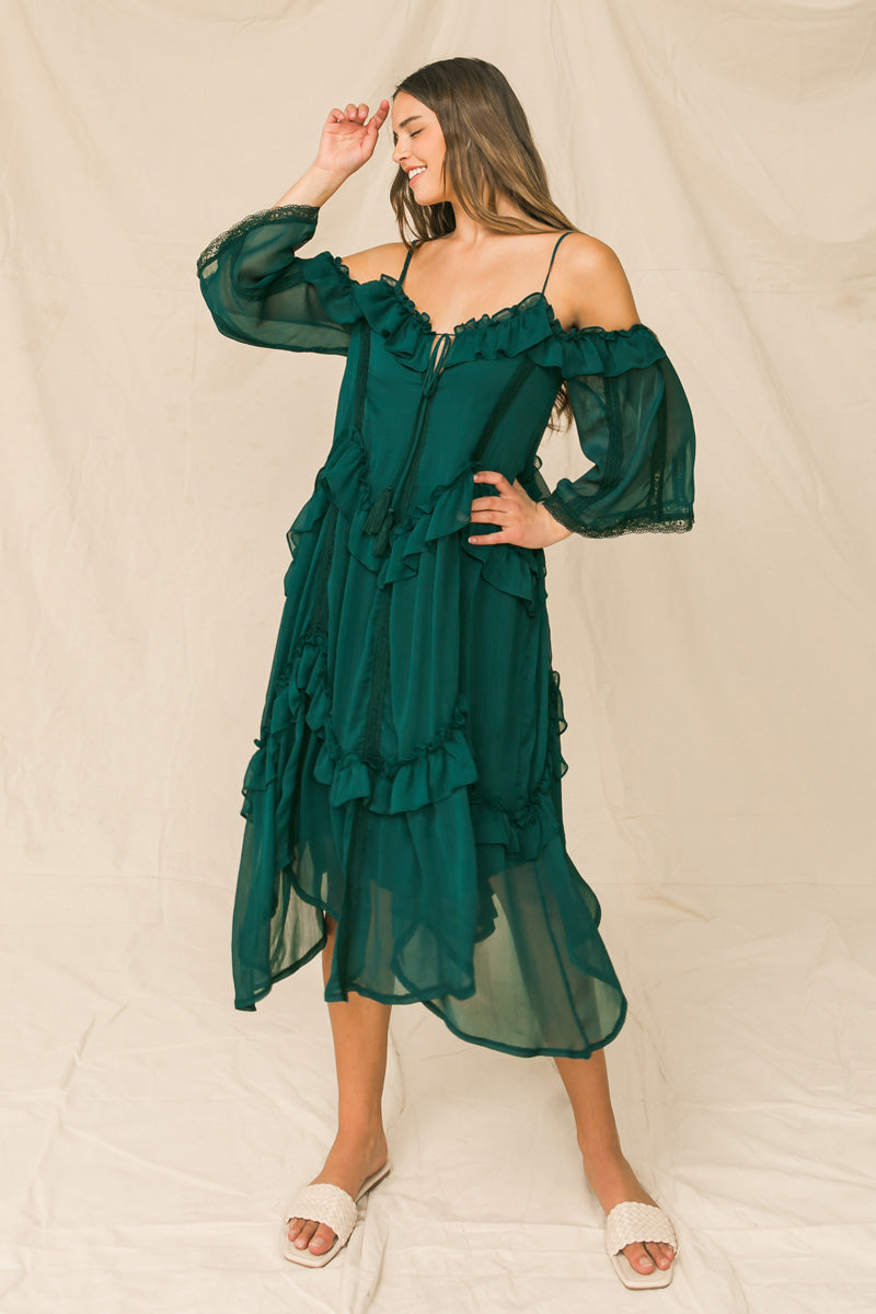 Ruffled midi dress with V neckline, front tie, tiered body, and ruffled edges.