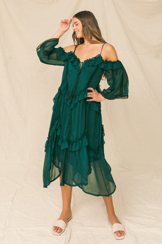 YOU'RE MINES STILL RUFFLED MIDI DRESS Flying Tomato