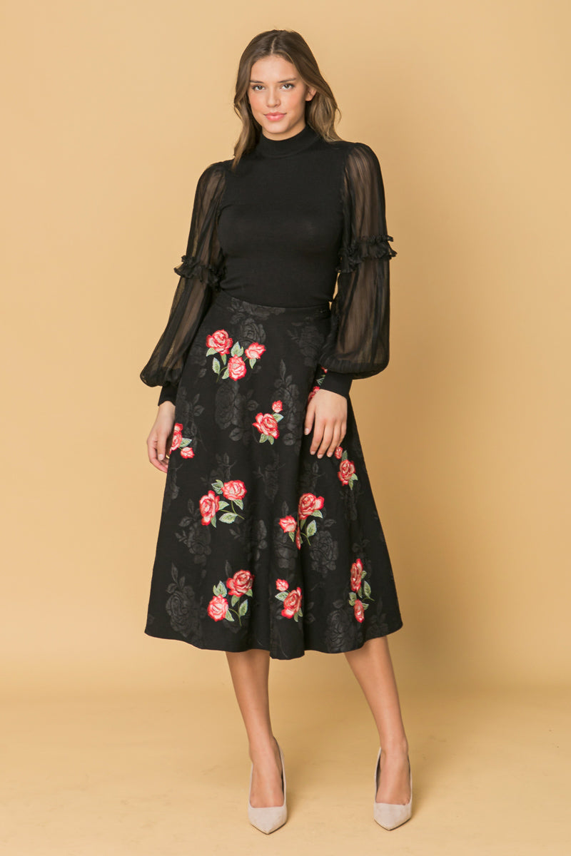 ROSE EMBROIDERY MIDI SKIRT Flying Tomato