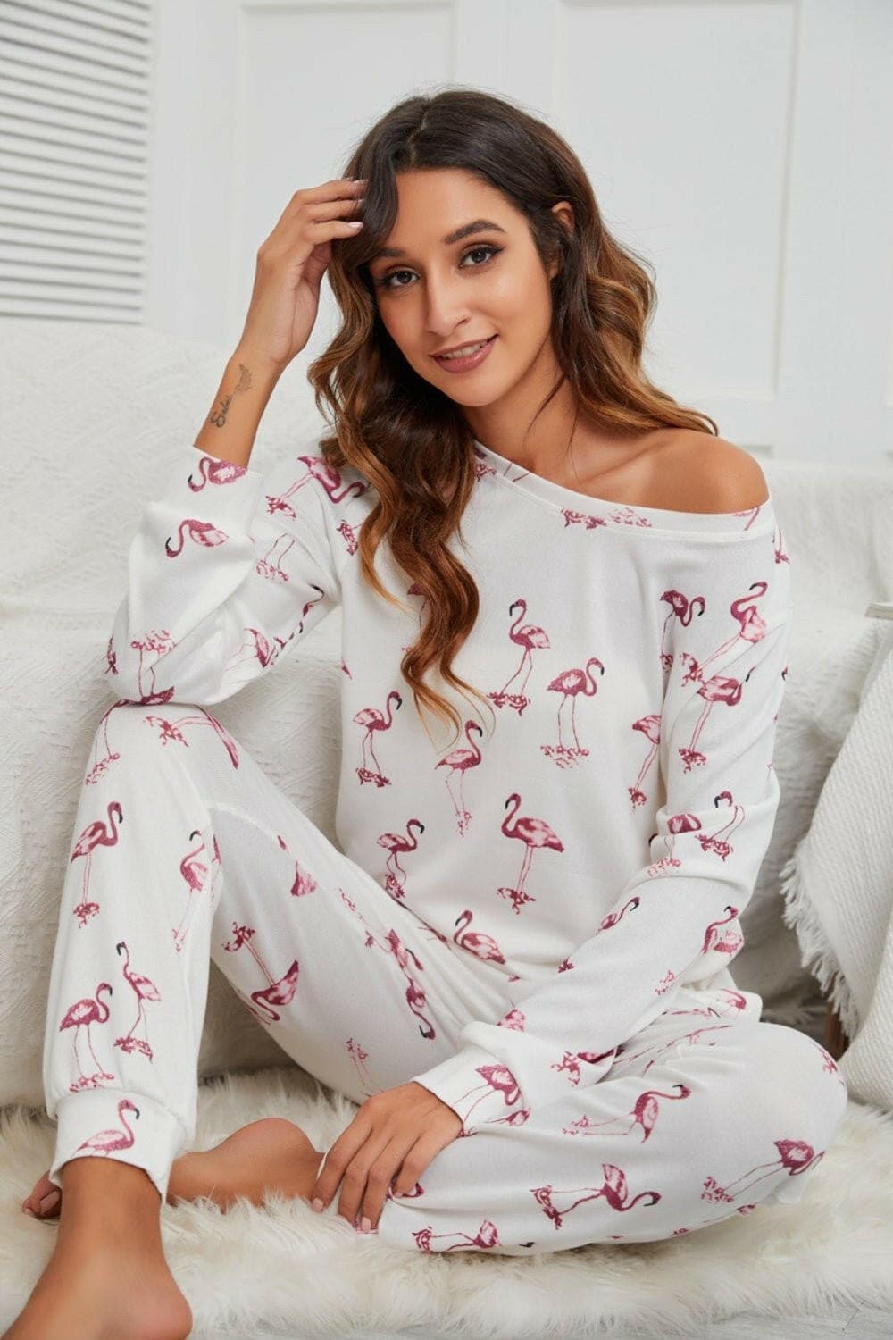 Flamingo Long Sleeve Top and Pants Lounge Set - Love Salve