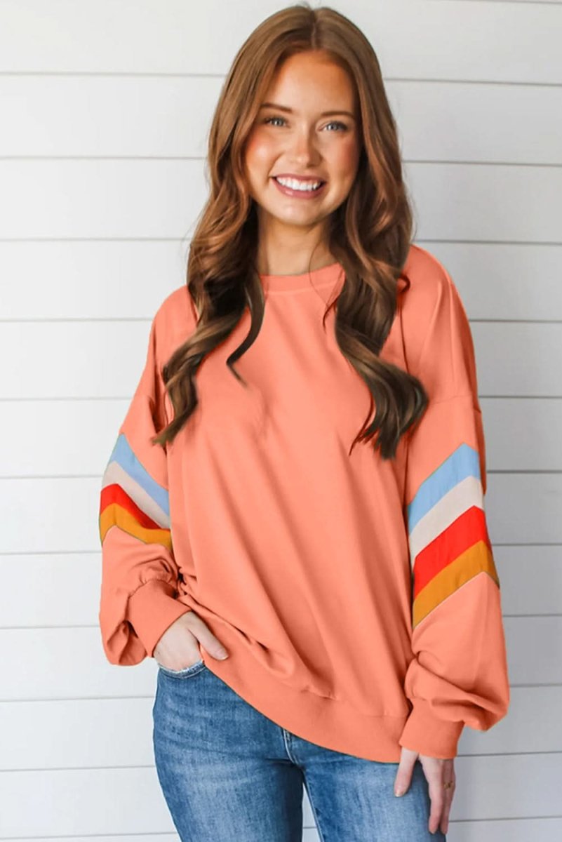 Flamingo Rainbow Striped Sleeve Crew Neck Loose Sweatshirt - Love Salve 