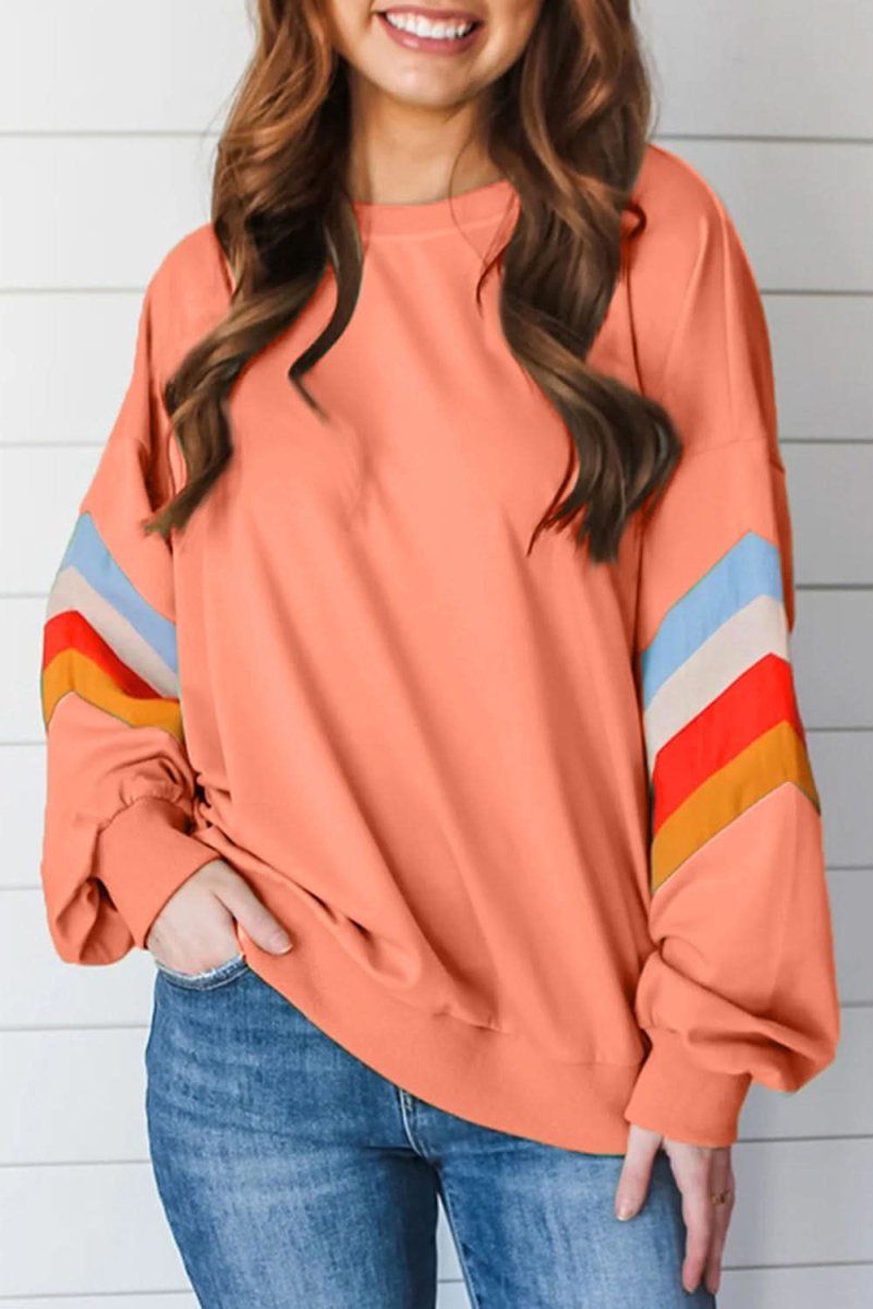 Flamingo Rainbow Striped Sleeve Crew Neck Loose Sweatshirt - Love Salve 