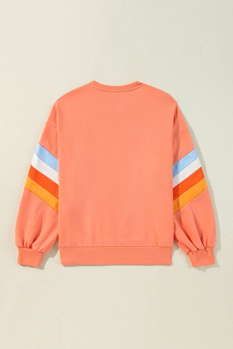 Flamingo Rainbow Striped Sleeve Crew Neck Loose Sweatshirt - Love Salve 