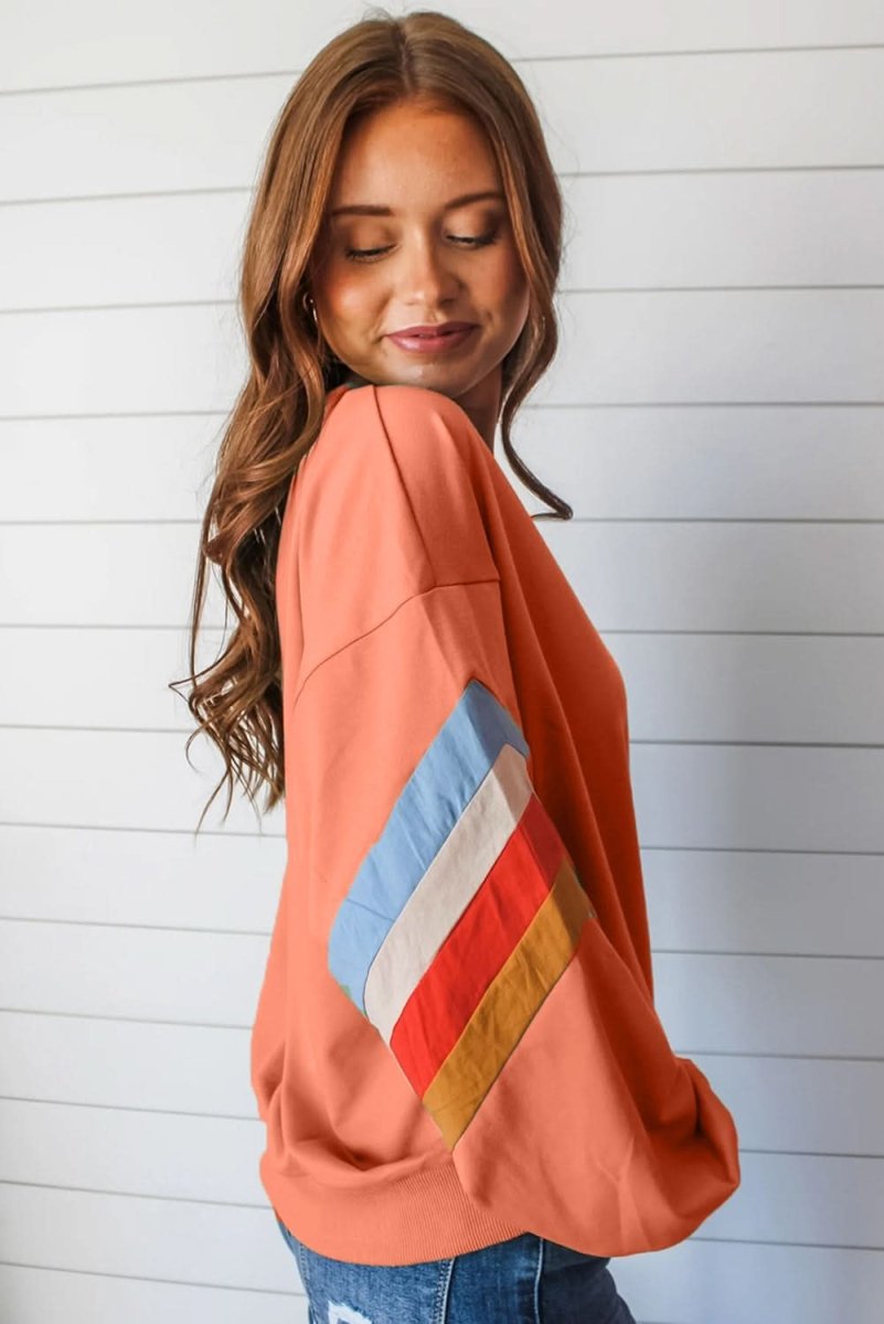 Flamingo Rainbow Striped Sleeve Crew Neck Loose Sweatshirt - Love Salve 