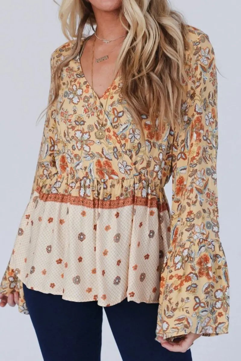 Flare Sleeve Peplum Blouse with Printed Surplice Design - Love Salve 