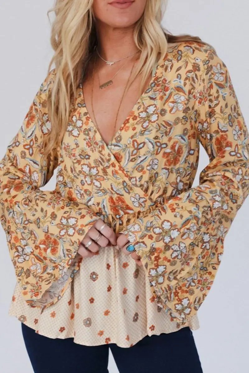 Flare Sleeve Peplum Blouse with Printed Surplice Design - Love Salve 