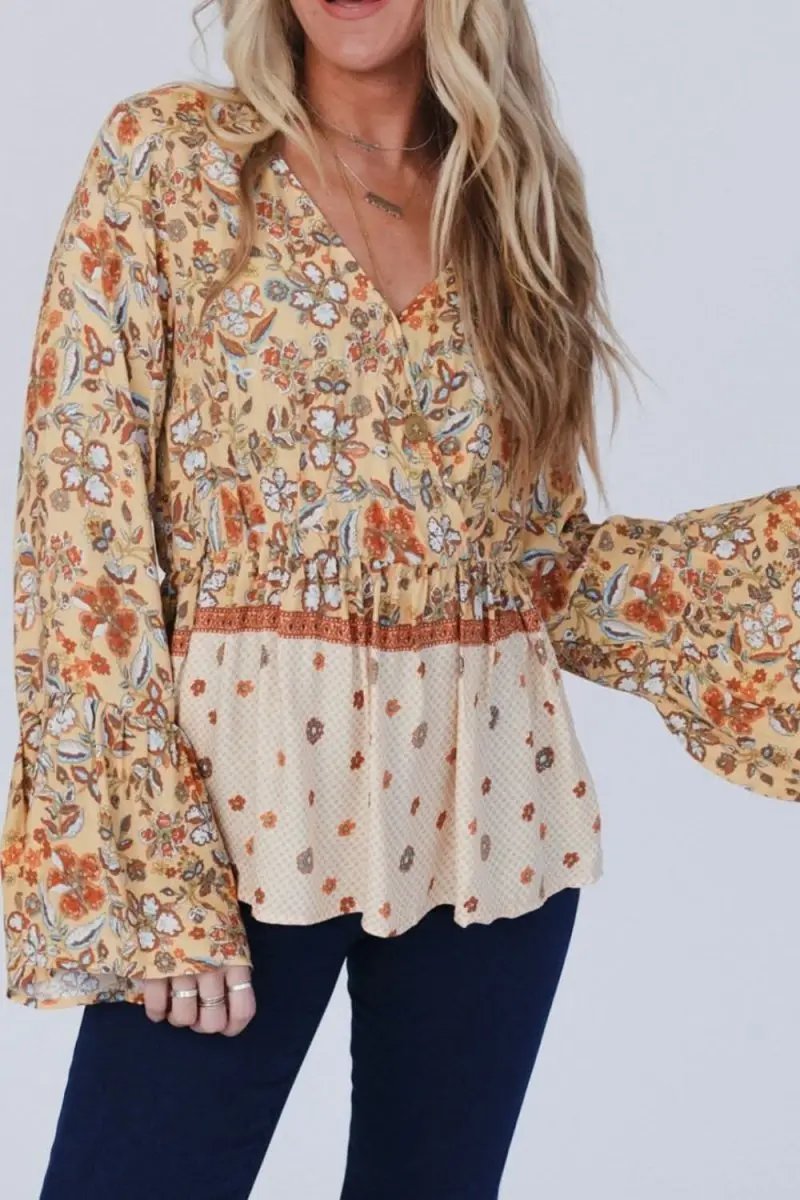 Flare Sleeve Peplum Blouse with Printed Surplice Design - Love Salve 