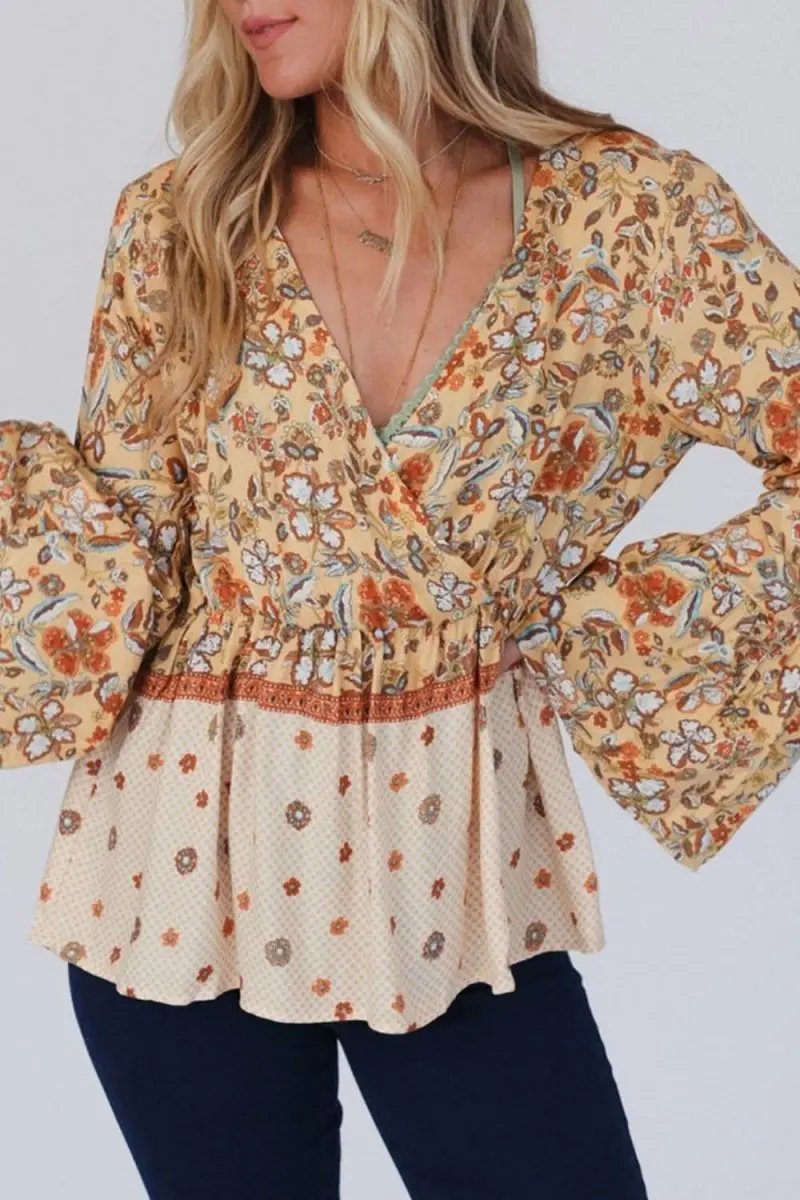Flare Sleeve Peplum Blouse with Printed Surplice Design - Love Salve 