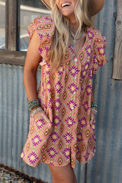 Flirty Orange Geometric Floral V-Neck Ruffled Sleeve Mini Dress - Love Salve 