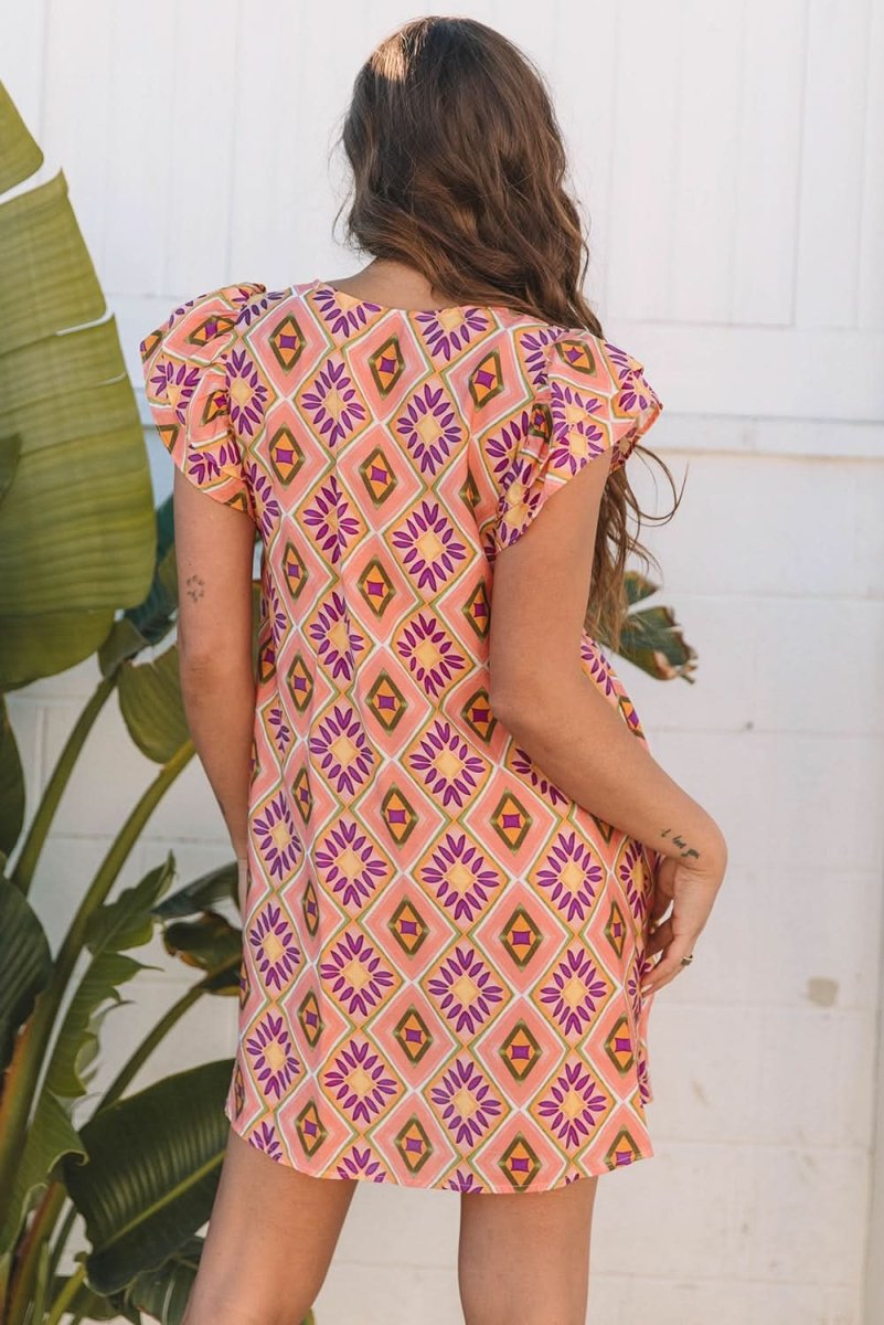 Flirty Orange Geometric Floral V-Neck Ruffled Sleeve Mini Dress - Love Salve 